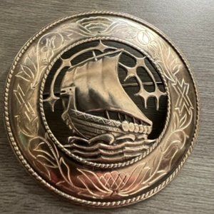 Ship Brooch, Sterling Silver, or silver metal, 2 inches round